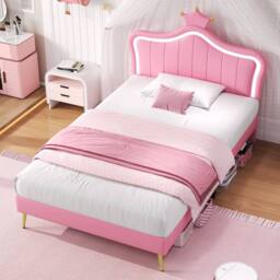 BTM PU Leather Upholstered Bed with LED Adjustable Crown Shape Headboard in Pink - thumbnail 2