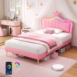 BTM PU Leather Upholstered Bed with LED Adjustable Crown Shape Headboard in Pink - thumbnail 4