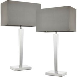 Loops 2 PACK Rectangular Table Lamp Light Modern Chrome & Grey Shade Sleek Sideboard - thumbnail 1