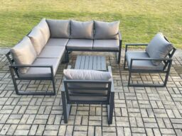 Fimous Outdoor Garden Furniture Set Aluminium Lounge Sofa Square Coffee Table Sets with 2 Pcs Chair Indoor Conservatory Set Dark Grey - thumbnail 2