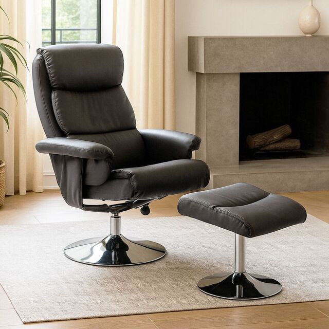 Orsina Grey Leather Effect Reclining Chair & footstool, Easy to Clean Leather Chair, Comfy Footstool - image 1