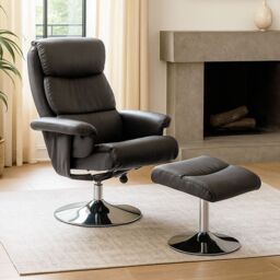 Orsina Grey Leather Effect Reclining Chair & footstool, Easy to Clean Leather Chair, Comfy Footstool