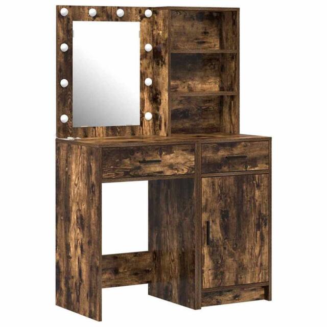 Berkfield Home 2 Piece Dressing Table Set with LED Smoked Oak Engineered Wood in Brown - image 1