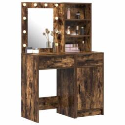 Berkfield Home 2 Piece Dressing Table Set with LED Smoked Oak Engineered Wood in Brown - thumbnail 3