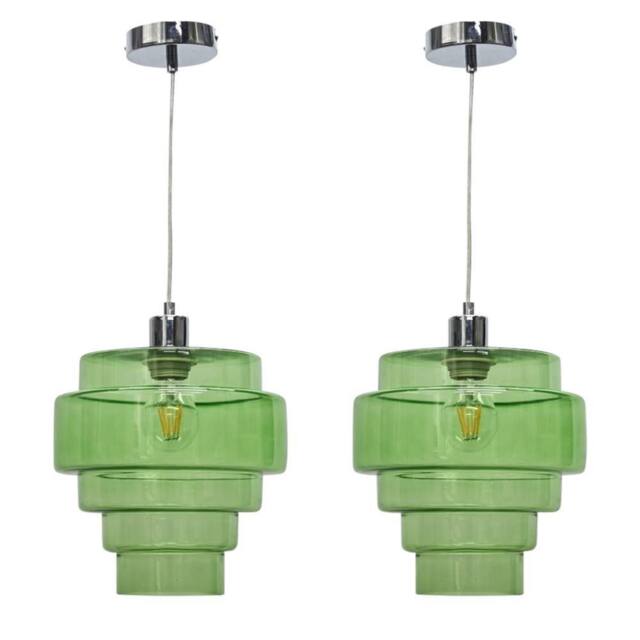 First Choice Lighting Set of 2 Benson - 5 Tier Green Glass & Chrome Ceiling Pendant Lights - image 1