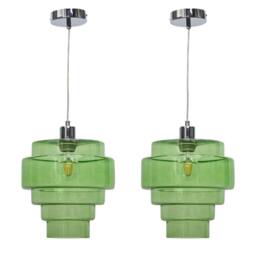 First Choice Lighting Set of 2 Benson - 5 Tier Green Glass & Chrome Ceiling Pendant Lights - thumbnail 1
