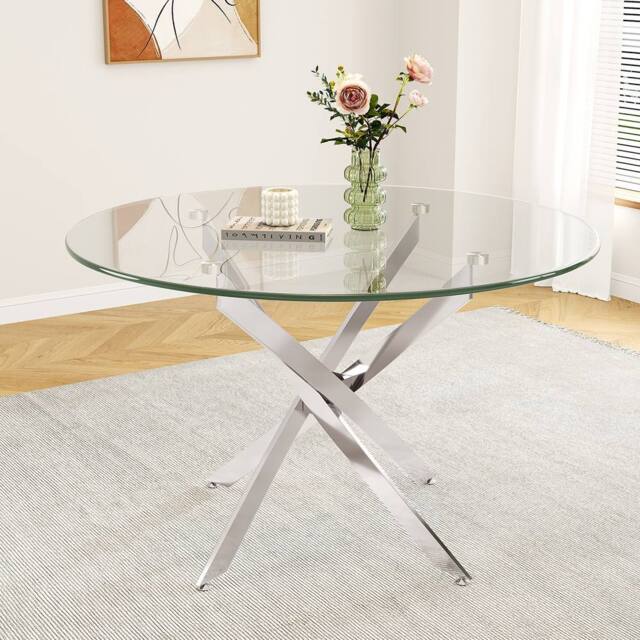 Dprodo Round Tempered Glass Dining Table with Chromed Legs 90cm in Silver - Size: 2 Pack - image 1