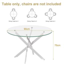 Dprodo Round Tempered Glass Dining Table with Chromed Legs 90cm in Silver - Size: 2 Pack - thumbnail 4