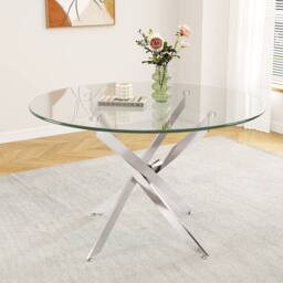 Dprodo Round Tempered Glass Dining Table with Chromed Legs 90cm in Silver - Size: 2 Pack