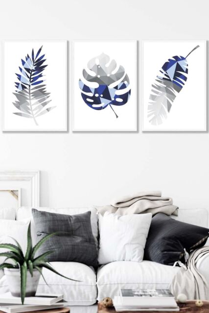 ARTZE Geometric Tropical Leaves In Navy Blue Grey Framed Wall Art - Large in White - Size: W53 cm x H73 cm x D20mm - image 1