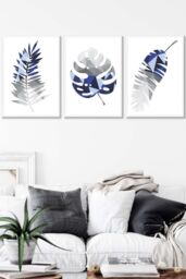 ARTZE Geometric Tropical Leaves In Navy Blue Grey Framed Wall Art - Large in White - Size: W53 cm x H73 cm x D20mm