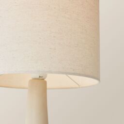 ValueLights Hayley Natural Linen Drum Shade Squat Base Ceramic Stonewear Table Lamp & Bulb in Beige - thumbnail 4