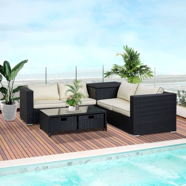 OUTSUNNY 4Pcs Patio Rattan Sofa Garden Furniture Set Table w/ Cushions in Black - image 1
