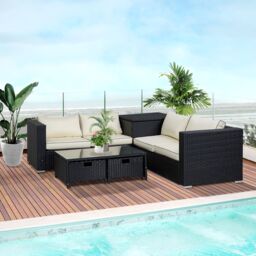 OUTSUNNY 4Pcs Patio Rattan Sofa Garden Furniture Set Table w/ Cushions in Black