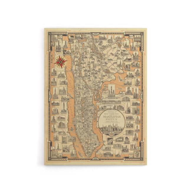 "Artery8 Chase 1939 Pictorial Map Manhattan & Bronx Canvas Wall Art Print - Size: W24"" x H32""" - image 1