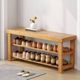 Ventryn 2 Tier Bamboo Shoe Rack Seating Bench Hallway Storage in Brown - thumbnail 4
