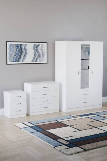 Home Discount Vida Designs 3Pc Bedroom Set 3Bedside, 4 Drawer Chest, Mirror Wardrobe in White - image 1