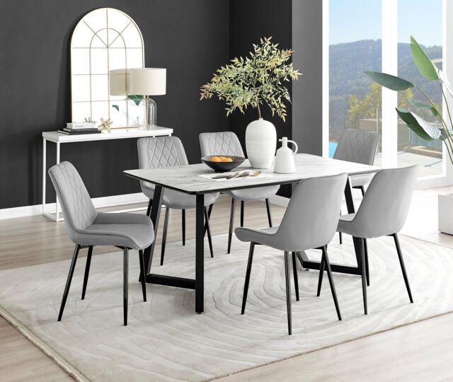 FurnitureboxUK Carson White Marble Effect Dining Table & 6 Pesaro Black Leg Chairs in Grey - image 1