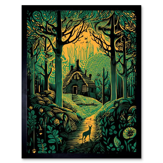 "Artery8 Wall Art Print Cabin Hut in the Forest Green & Orange Linocut Art Framed in Black - Size: W12"" x H16""" - image 1