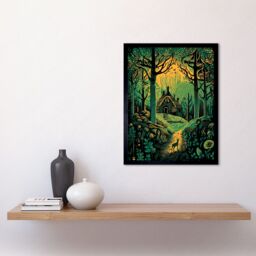 "Artery8 Wall Art Print Cabin Hut in the Forest Green & Orange Linocut Art Framed in Black - Size: W12"" x H16""" - thumbnail 2