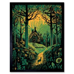 "Artery8 Wall Art Print Cabin Hut in the Forest Green & Orange Linocut Art Framed in Black - Size: W12"" x H16""" - thumbnail 1