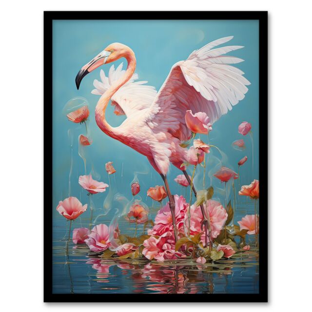 Artery8 Wall Art Print Jubilant Flamingo Lake Dance over Pink Flowers Framed - Size: A4 - image 1