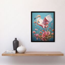 Artery8 Wall Art Print Jubilant Flamingo Lake Dance over Pink Flowers Framed - Size: A4 - thumbnail 4