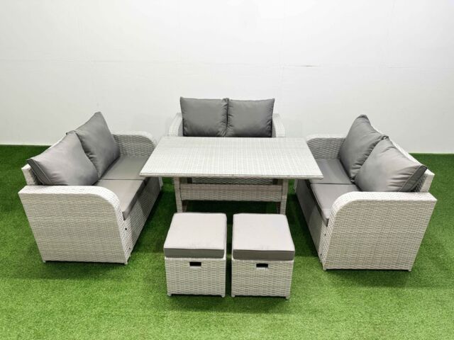 Fimous 8 Seater PE Wicker Rattan Furniture Sofa Sets with Rectangular Dining Table 2 Seater Love Sofa 2 Stool Light Grey - image 1