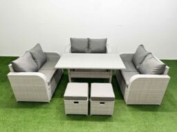 Fimous 8 Seater PE Wicker Rattan Furniture Sofa Sets with Rectangular Dining Table 2 Seater Love Sofa 2 Stool Light Grey - thumbnail 2