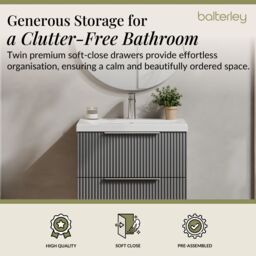Balterley Fluted Wall Hung 2 Drawer Vanity Basin Unit & Basin 600mm - Satin Grey - thumbnail 3