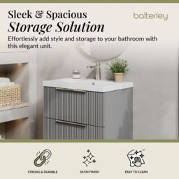 Balterley Fluted Wall Hung 2 Drawer Vanity Basin Unit & Basin 600mm - Satin Grey - thumbnail 2
