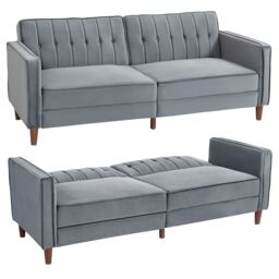 HOMCOM Convertible Sofa Futon Velvet-Touch Tufted Couch Sofa Bed Dark Grey - thumbnail 2