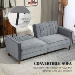 HOMCOM Convertible Sofa Futon Velvet-Touch Tufted Couch Sofa Bed Dark Grey - thumbnail 4