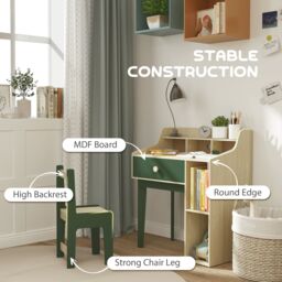 AIYAPLAY Kids Desk & Chair Set with Storage Shelves, Drawer, Green - thumbnail 5