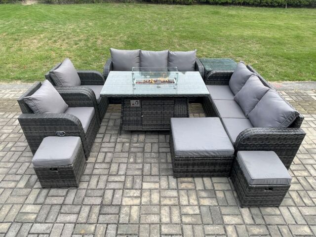 Fimous Wicker Rattan Garden Furniture Set Gas Fire Pit Dining Table Indoor Outdoor with Side Tables Chair Loveseat Sofa in Dark Grey - image 1