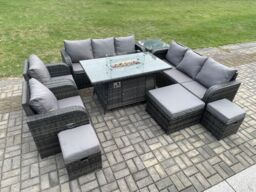 Fimous Wicker Rattan Garden Furniture Set Gas Fire Pit Dining Table Indoor Outdoor with Side Tables Chair Loveseat Sofa in Dark Grey - thumbnail 3