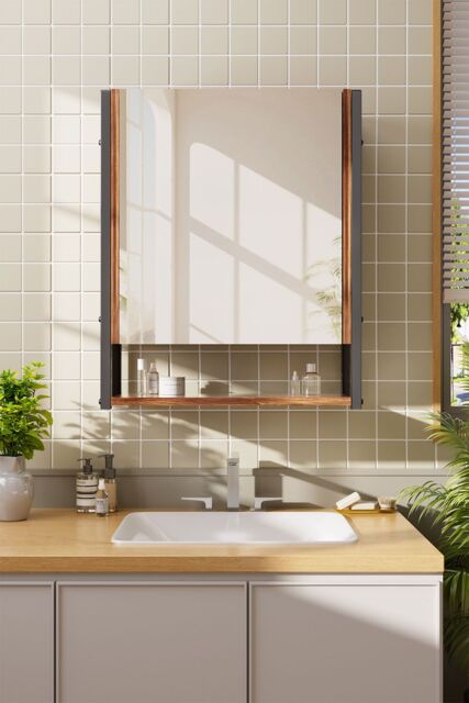 Living and Home Wall-Mounted 3-Layer Mirror Cabinet with Metal Frame in Brown - image 1