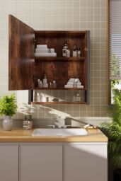 Living and Home Wall-Mounted 3-Layer Mirror Cabinet with Metal Frame in Brown - thumbnail 2