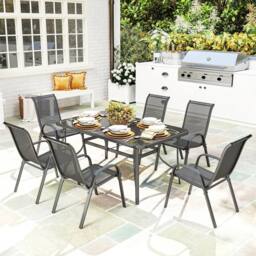 OUTSUNNY 7 Piece Garden Dining Set w/ Dining Table & Chairs, Charcoal Grey in Dark Grey - thumbnail 1