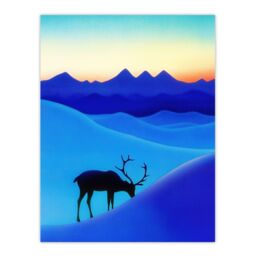 "Artery8 Reindeer Arctic Landscape Snow Dawn Watercolour Wall Art Print in Blue - Size: W12"" x H16""" - thumbnail 1