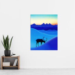 "Artery8 Reindeer Arctic Landscape Snow Dawn Watercolour Wall Art Print in Blue - Size: W12"" x H16""" - thumbnail 4