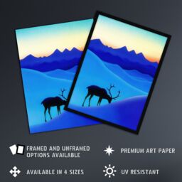 "Artery8 Reindeer Arctic Landscape Snow Dawn Watercolour Wall Art Print in Blue - Size: W12"" x H16""" - thumbnail 2