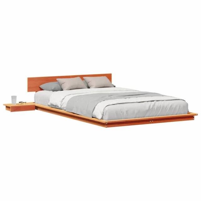 Berkfield Home Soft Floor Bed Frame with Bedside Tables Wax Brown 135x190cm Soli - Size: 135x190 cm - image 1