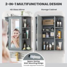 Costway Wooden Bathroom Cabinet Wall Mounted Medicine Cabinet w/Mirror in Grey - thumbnail 9