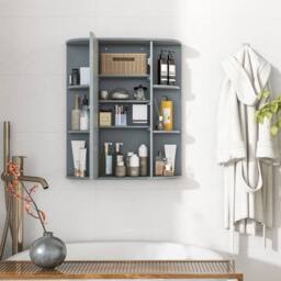 Costway Wooden Bathroom Cabinet Wall Mounted Medicine Cabinet w/Mirror in Grey - thumbnail 4