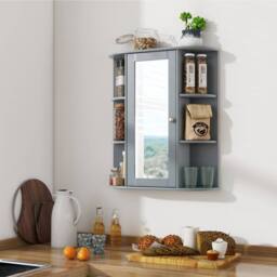 Costway Wooden Bathroom Cabinet Wall Mounted Medicine Cabinet w/Mirror in Grey - thumbnail 6