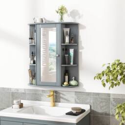 Costway Wooden Bathroom Cabinet Wall Mounted Medicine Cabinet w/Mirror in Grey