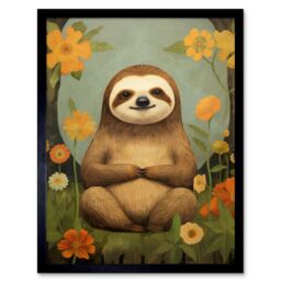"Artery8 Wall Art Print Smiling Sloth Meditating in Forest Flowers Kids Bedroom Artwork Art Framed in Black - Size: W12"" x H16""" - thumbnail 1