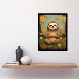 "Artery8 Wall Art Print Smiling Sloth Meditating in Forest Flowers Kids Bedroom Artwork Art Framed in Black - Size: W12"" x H16""" - thumbnail 2