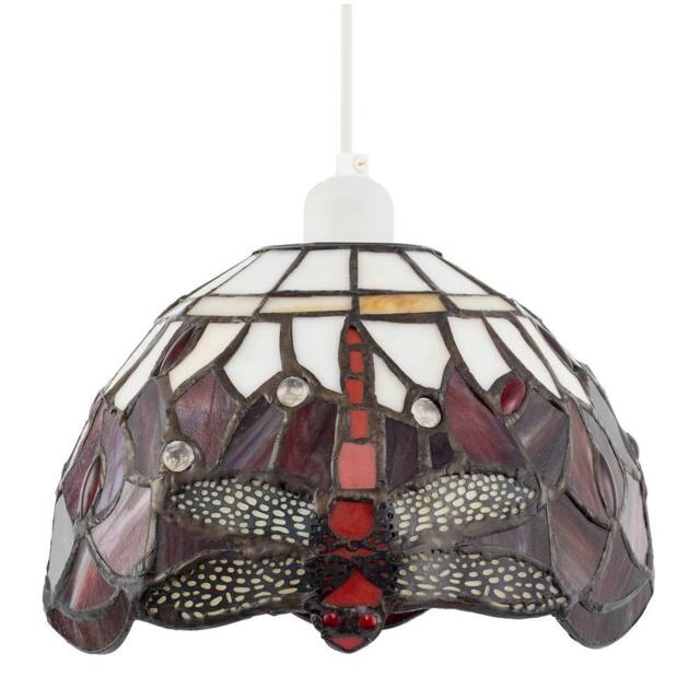 Happy Homewares Deep Red & White Stained Glass Dragonfly Tiffany Pendant Shade - image 1